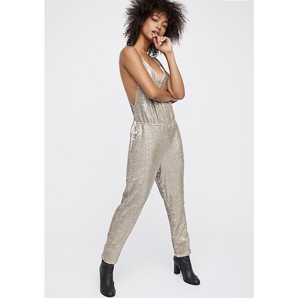 Free People champagne sequin jumpsuit - Picture 2 of 6